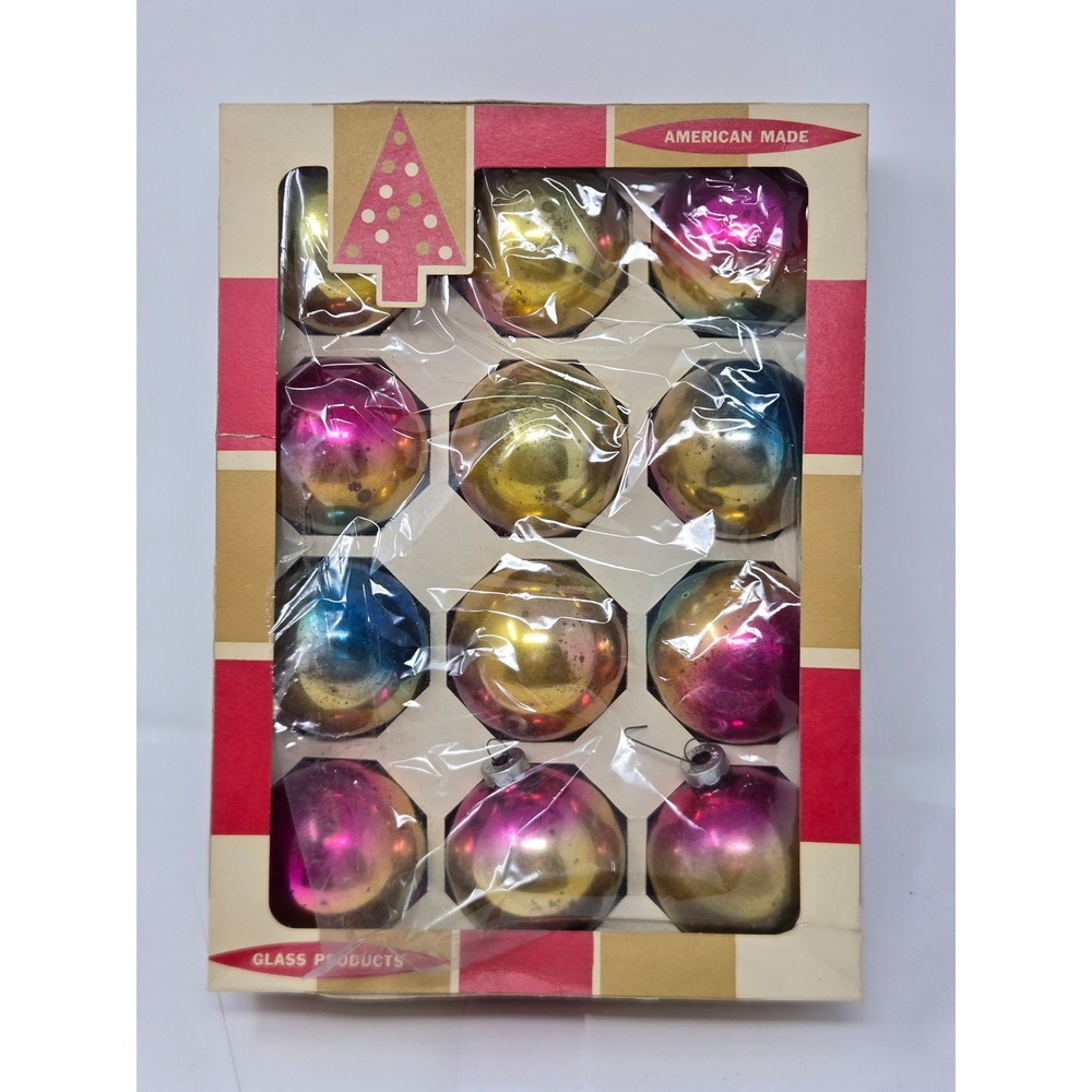 Vintage Coby Glass Christmas Iridescent Ornaments 12 Ombre Pink Gold Blue MCM